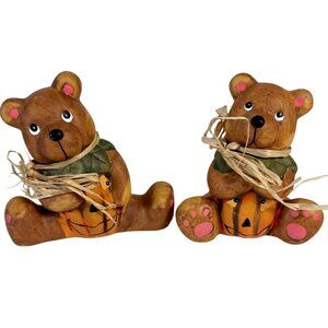 Kitschy 70s Halloween Pumpkin Bear Figurines Rustic Style Hand Painted Ceramic